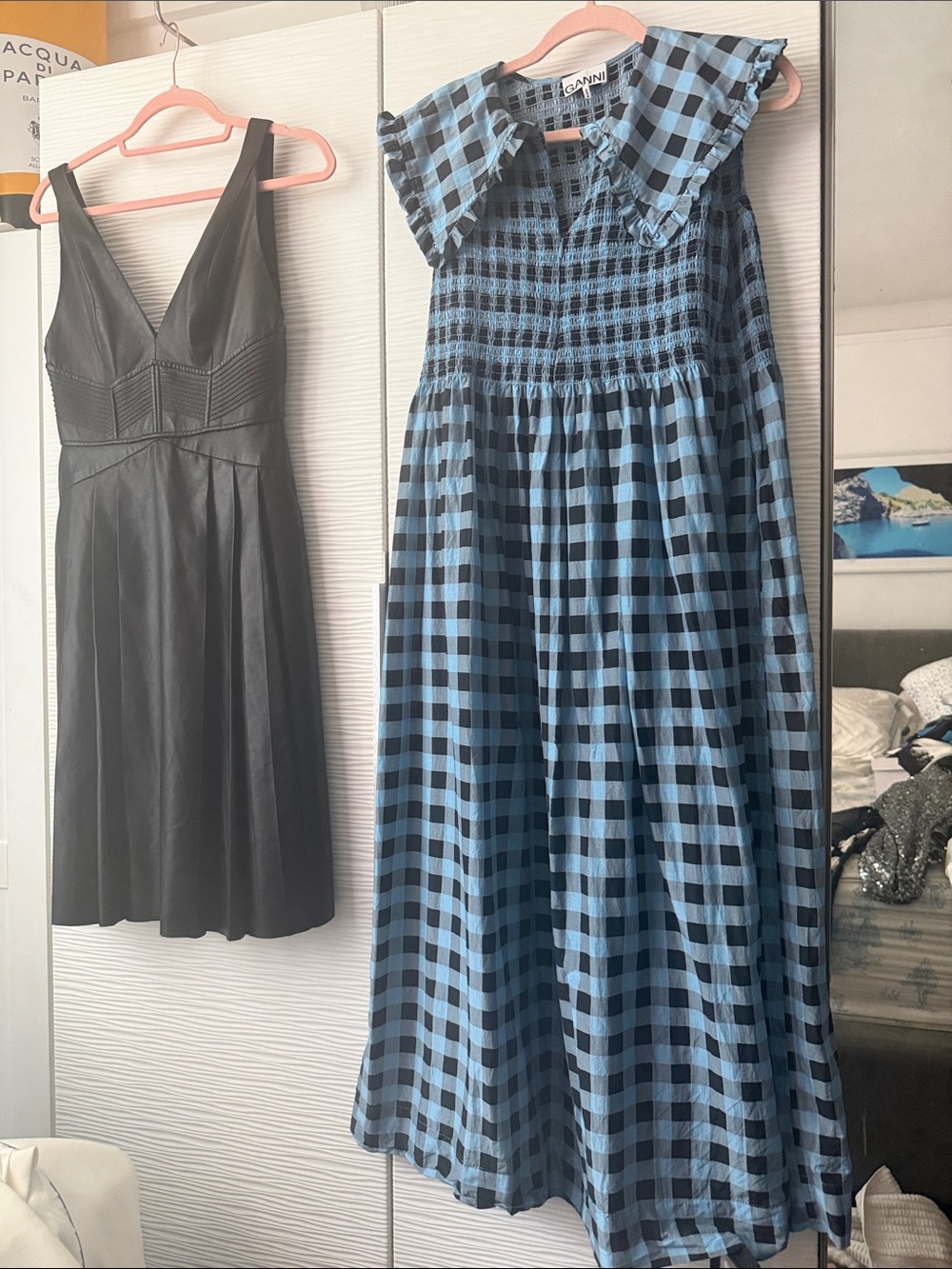 Ganni Blue and Black Gingham Smocked Maxi Dress Sz 40 (US 8/10)